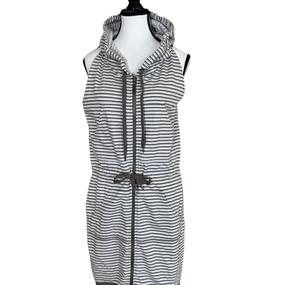 Norma Kamali Hoodie Tunic Dress Sleeveless Small Striped Gray White ATHLEISURE